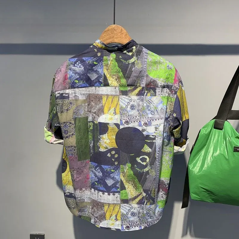 Elegant Fashion Harajuku Slim Fit Ropa Hombre Loose Casual All Match Outerwear Button Pockets Printed Three Quarter Sleeve Blusa