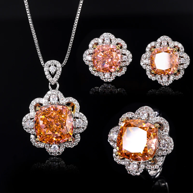 Eyika Luxury Di Alta Qualità Ice Crushed Cz Flower Collana Con Ciondolo Orecchini Anello Rosa Padparadscha Women Wedding Fine Jewelry Set