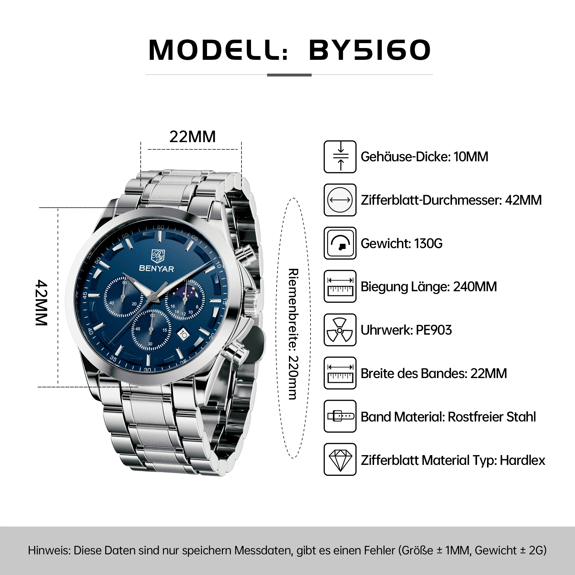 BENYAR Herren Chronograph Uhr, Hardlex Zifferblatt, Edelstahl Armbanduhr, Wasserdichte Business Sportuhr für Männer – Detail 7