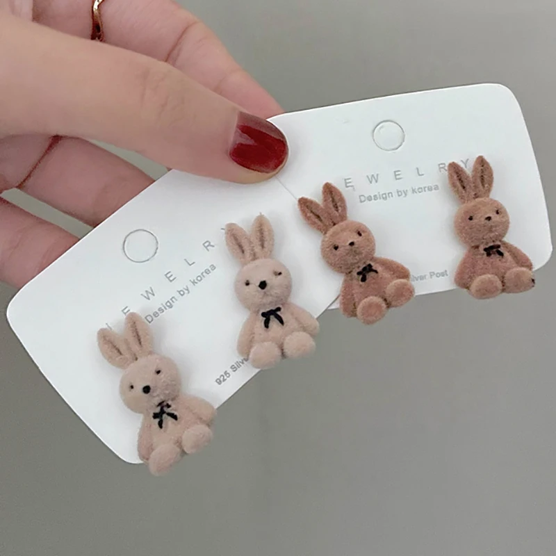 Flocking Plush Rabbits Bears Stud Earrings Brown Khaki Animal Drop For Women Girls Cute Earring Jewelry Brincos Gifts | Украшения и