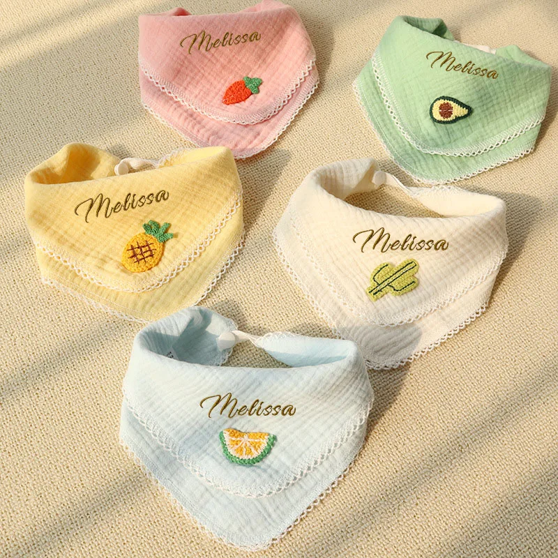 Personalized Accessories Baby Food Waterproof Gauze Cotton Bibs Stuff Girl Boy Newborn Triangular Saliva Towel Embroidery Gift