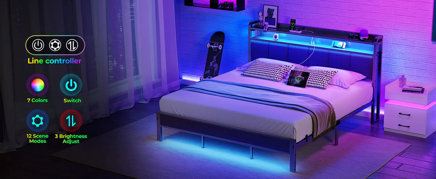 Description Picture 3 of itemBed Frame Twin Size with Charging Station and LED Lights, Upholstered Headboard with Storage Shelves, Heavy Duty Metal