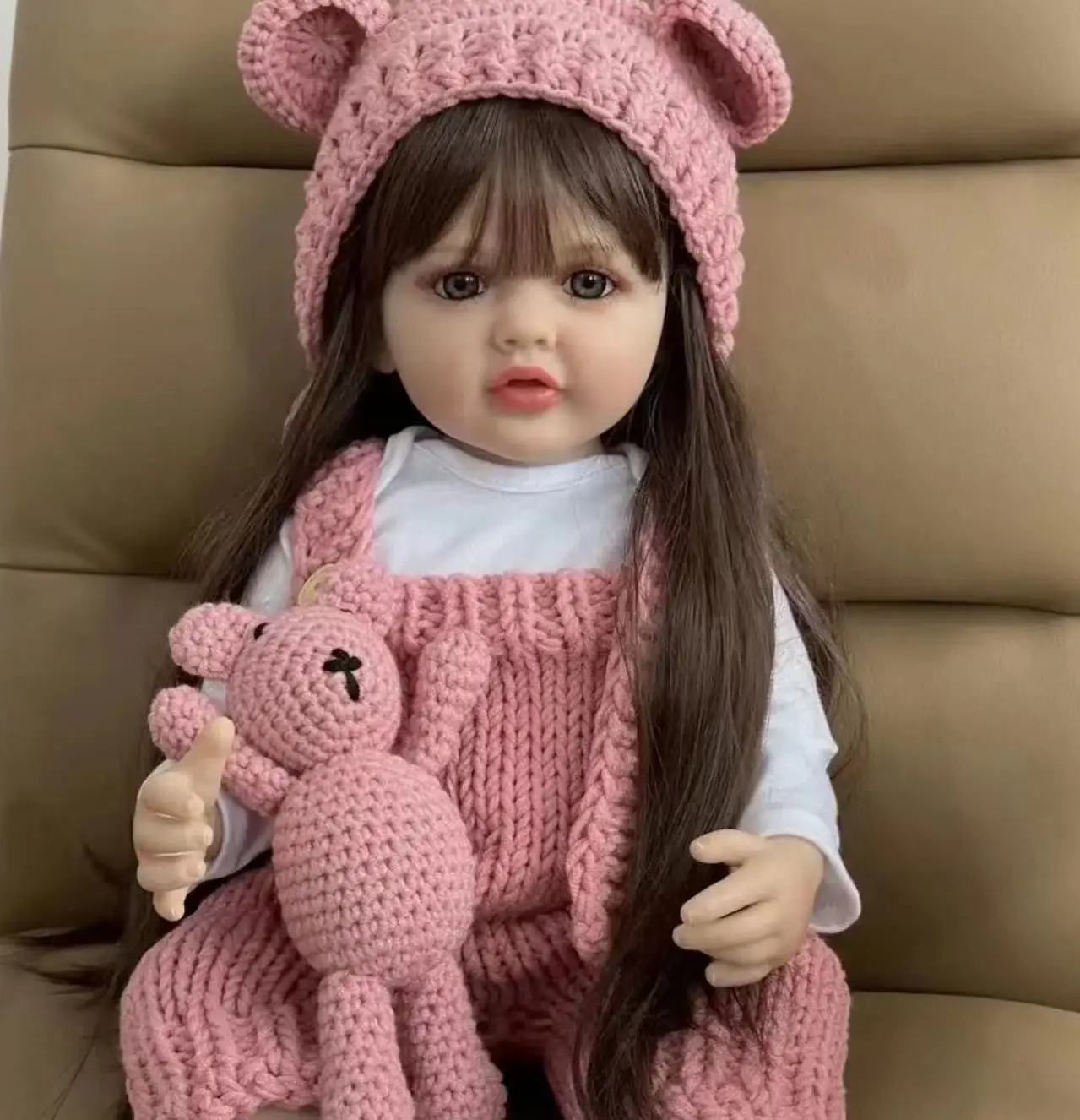 Popular Full Silicone Reborn Baby Girl Brown Long Hair Realistic Lifelike Doll Princess Toddler Bebe Kid Birthday Gift Bath Toy