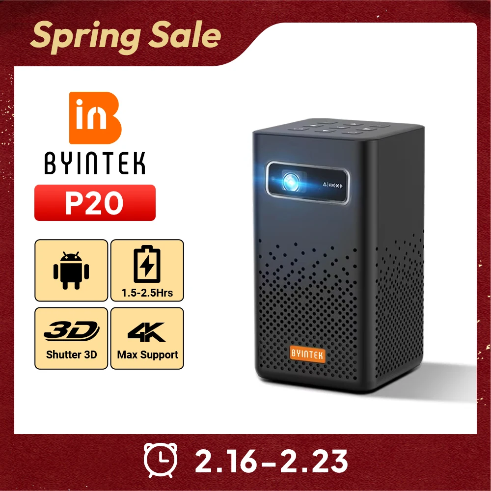 thumbnail image 1 of BYINTEK P20 3D 4K Cinema 1080P Smart Android Wifi LED DLP Home Theater Mini proyector portátil para exteriores con batería, 1 of 4