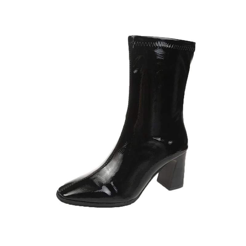 Brand Square Toe Leather Chelsea Boots Spring Fashion Women Shoes High Block Heels Ankle Length Short Booties for Female