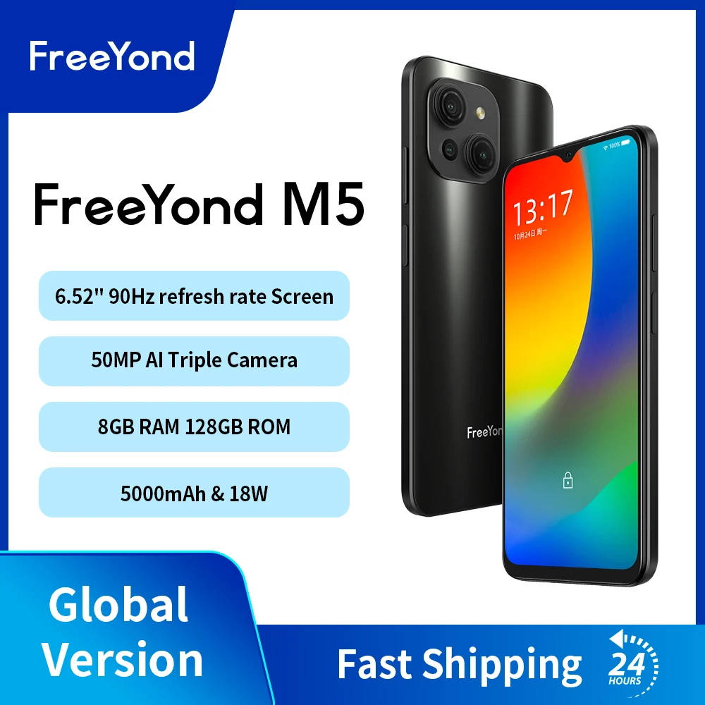 

FreeYond M5 Android Smartphone, 8GB, 128GB, 50MP AI Triple Camera, 90Hz IPS Screen, 5000mAh, 18W Fast Charging, Cellphones