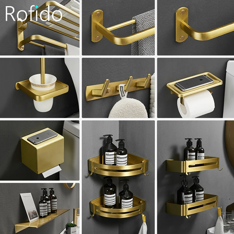 Bathroom Accessories Sets Brushed Golden Aluminum Wall Shelf Toilet