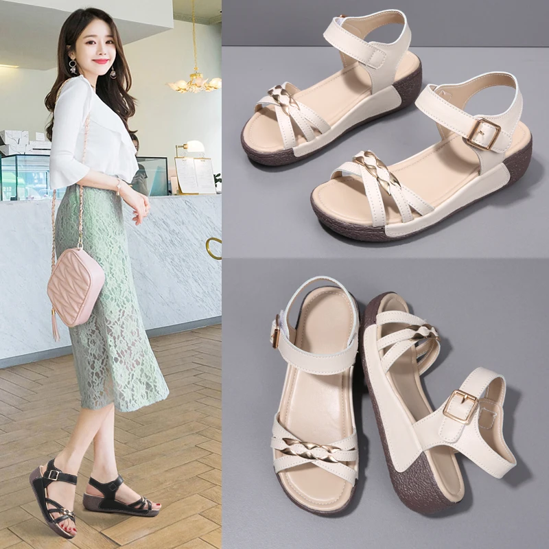 

Summer New Women Sandals Fashion Ladies Solid Peep Toe sandalias Wedge Flat Shoes Outdoor Casual Comfy Female Footwear