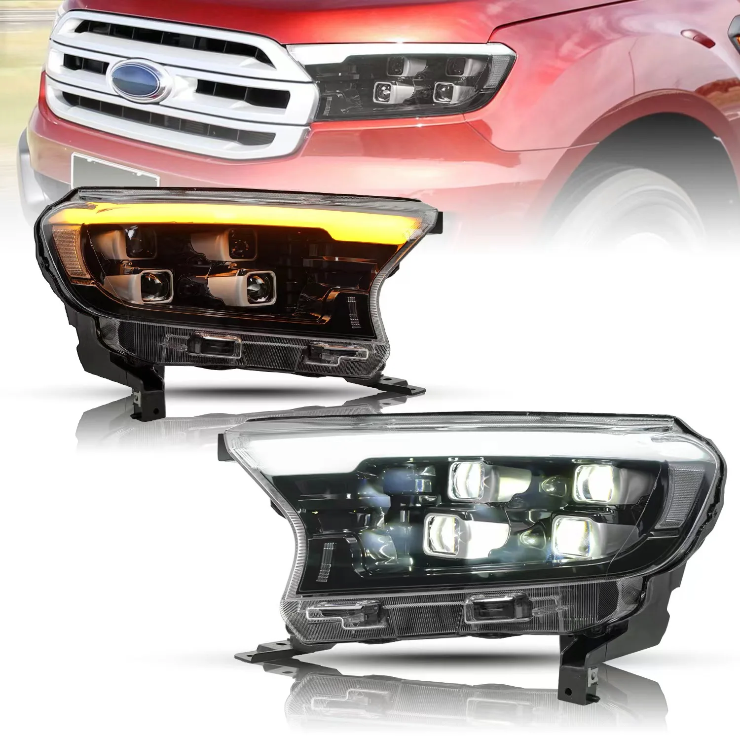 

1Pair LED Dynamic 4 Lens Headlight Headlamp Assembly for Pick up Ford Ranger 2015-2020 Head Lamp Head Light Plug and Play