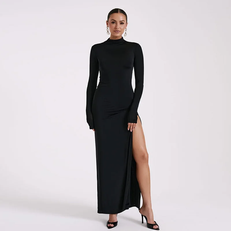 Elegant Basic Long Sleeve Solid Hole Backless Slit Split Women'S Dresses Party Club Evening Wholesale Winter Clothes
