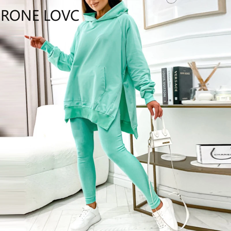 

Women Solid Long Sleeves Hooded Silt Top & Pants Set Sweatshirt Two Pieces Set