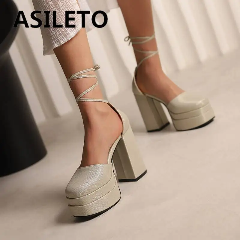 

ASILETO Ladies Pumps Round Toe Chunky Heel 12cm Double Platform 4cm Crossover Strap Party Sexy Female Shoes Big Size 48 49 50