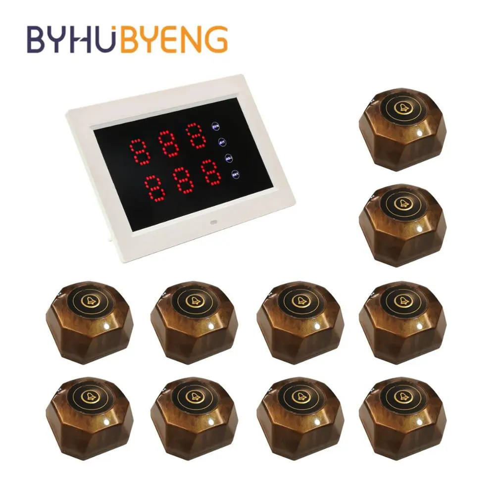 

BYHUBYENG Wireless Call System Waiter Pagers Host Display+10Pcs Call Button Catering Equipment 433MHZ For Hotel Church Clinic