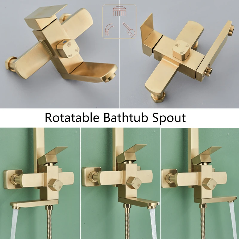 Bathroom Shower Faucet Set Shinesia Brushed Gold Rainfall Shower System Set Tropical Shower Mixer Faucet Tap For Bathroom With Rotate Bathtub Spout