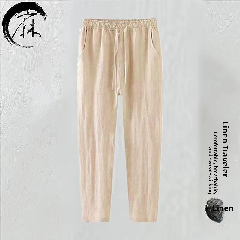 Lightweight Loose Fit White Linen Straight Leg Pants Nine-Tenths Casual Trousers for Men Sli Summer Cotton Linen Blend