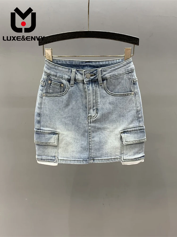 

LUXE&ENVY Denim Half Length Skirt For Women 2023 Summer New High Waisted Elastic Tight And Slimming Spicy Girl A-line Buttocks