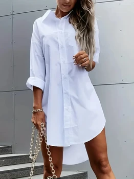 Women's Solid Color Button Front Shirt Dress - Casual Long Sleeve Lapel Dress for Spring & Fall 1