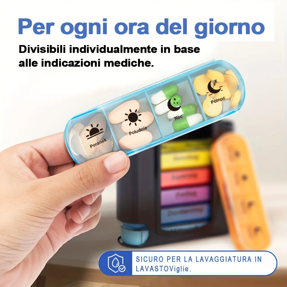 Italian-Printed Weekly Pill Organizer with 7 Stackable Daily Compartments