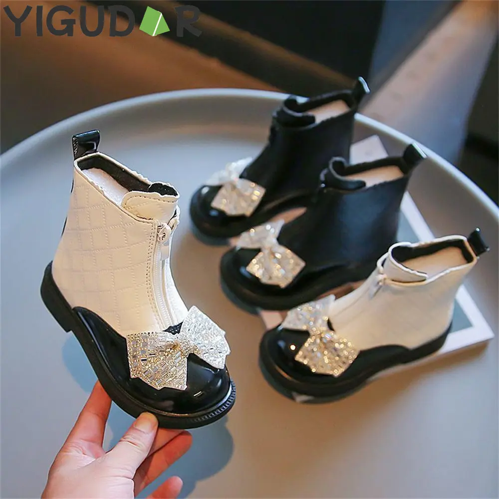 

Детские ботинки, осенние ботинки для девочек, обувь принцессы с бантом, детские модные ботинки средней высоты с мягкой подошвой, обувь для маленьких девочек