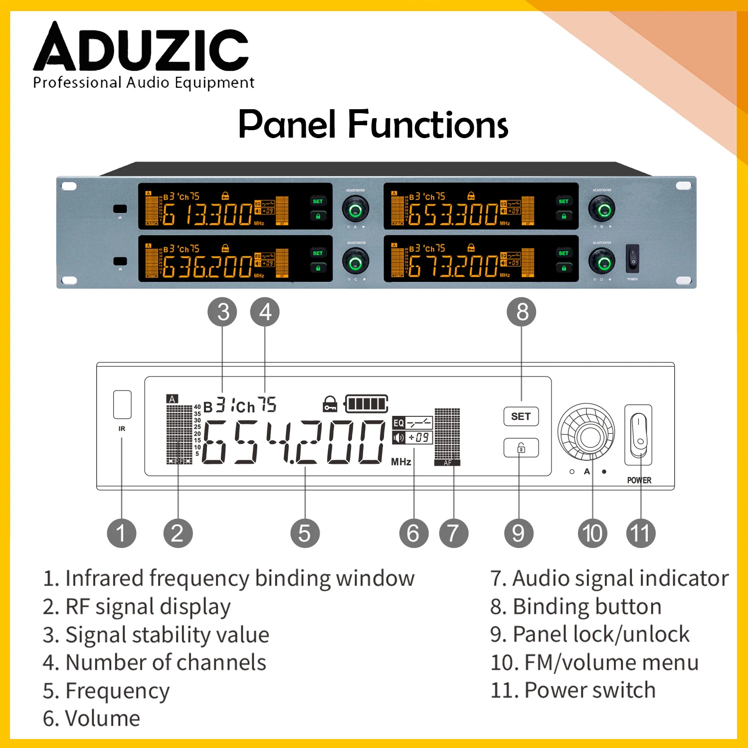 Aduzic K8-Por 4 채널 트루 다이버시티 무선 마이크 615-690MHz 핸드헬드 다이나믹 마이크 500M 전문 무대용 마이크