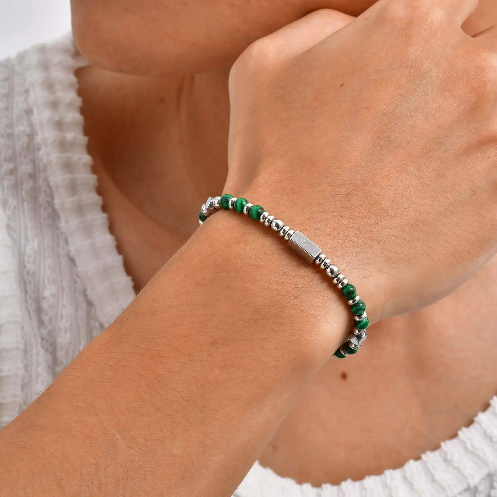 Crystal Wheel Beaded Bracelet for Men Boys,Stainless Steel Tube Natural Stone Wristband,Stylish Bohemian Jewelry Gift