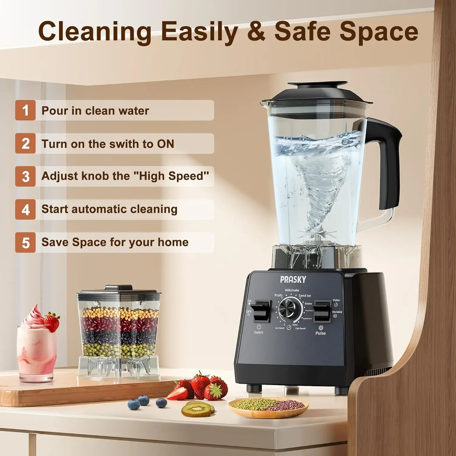 Blender,Smoothies Blenders, PRASKY Max.2400Watts/1000Watts Blender and Grinder Combo 25000RPM Powerful Kitchen Blender 68oz BPA 6