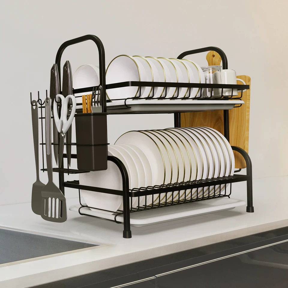 2 Tier Space Saving Dish Drying Rack with Utensil Holder