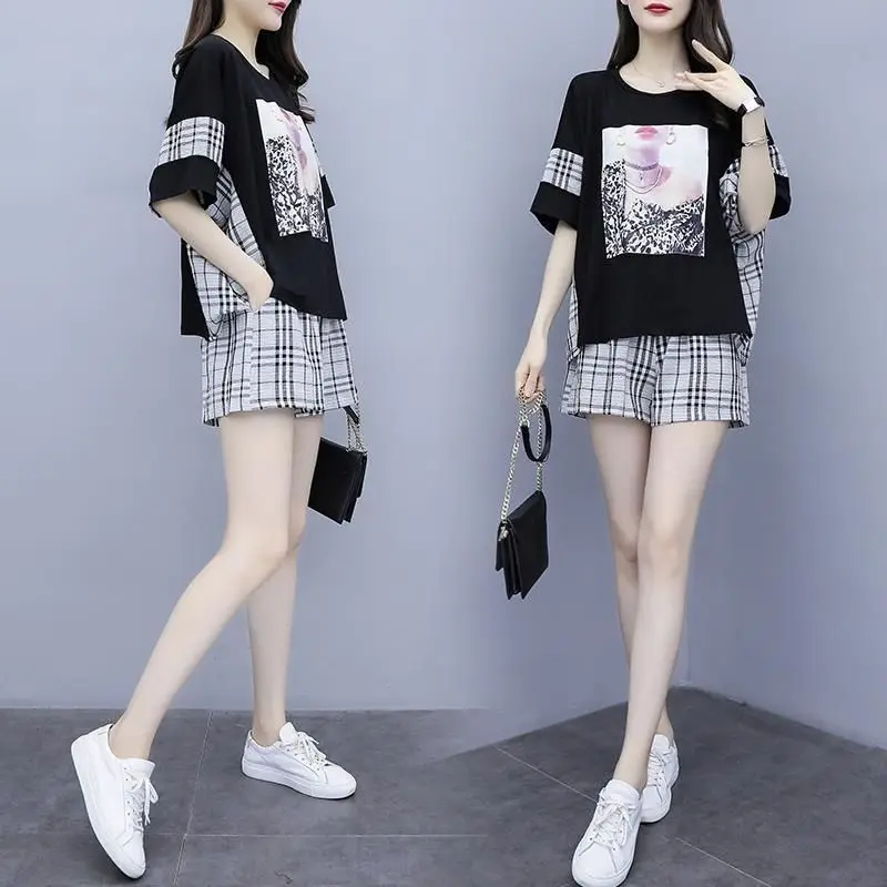 여성 캐주얼 반바지 정장 2024 여름 새로운 느슨한 플러스 사이즈 의류 패션 셔츠 자르기 탑과 바지 여성을위한 두 조각 세트