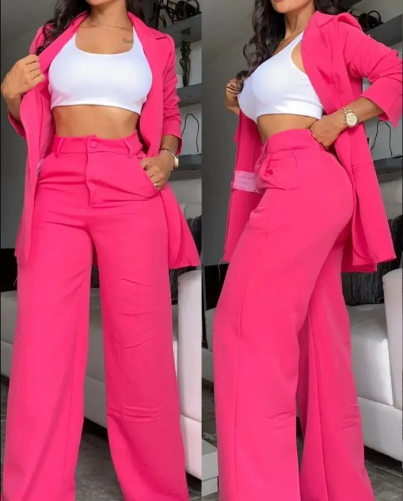 Elegant Women's Blazer and Pants Two Piece Set Female Outifits Fashion Notched Collar Coat & Pocket Design Trouser Suit Spring