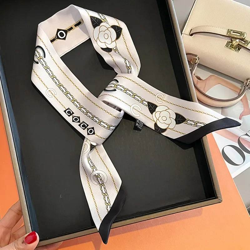 5x88CM Women New Silk Skinny Scarf Headscarf Fashion Luxury Chain Print Small Hair Scarves Long Band Lady Decorative Ties 3