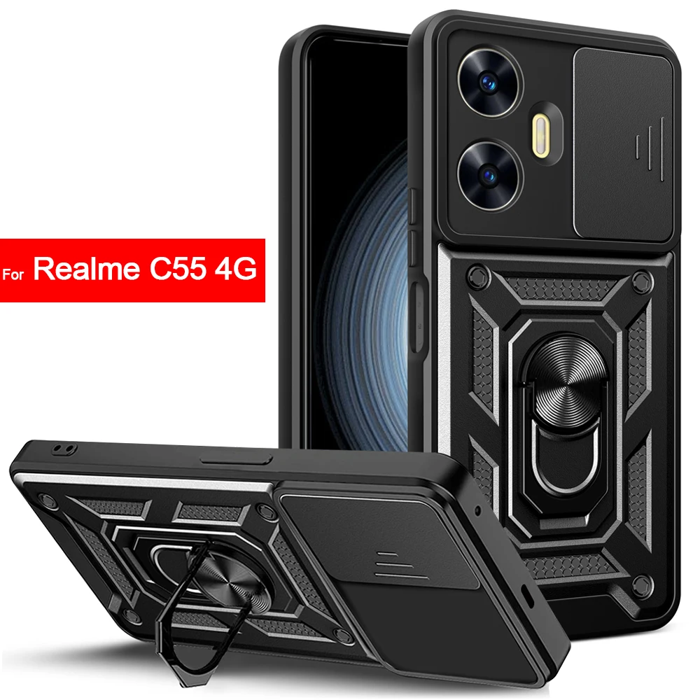 Funda para Realme C55 4G, protector de lente deslizante, cubierta trasera,  soporte magnético, anillo, a prueba de golpes