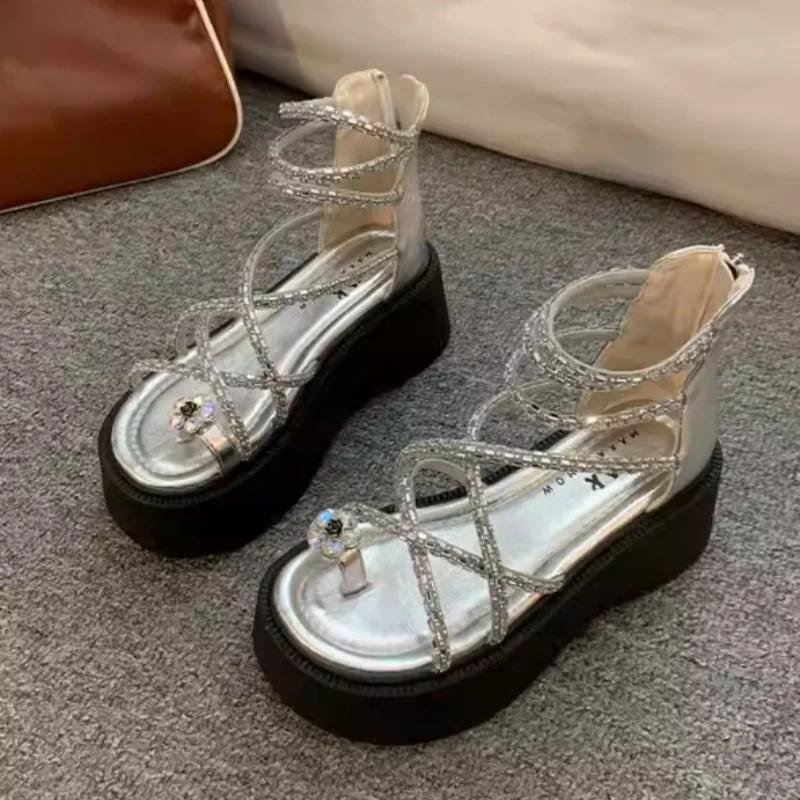 Sandálias Gladiadoras Femininas 2026: Novas Sandálias Plataforma com Strass, Estilo Retrô Romano para Mulheres Baixinhas 5