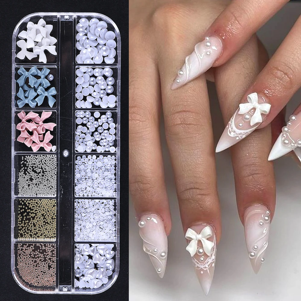 12Grids Bow 3D Nail Art Decorations White Pearls Nail Charms Designs DIY Pink Bowknot Steel ball Nail Parts Manicure Accessorie
