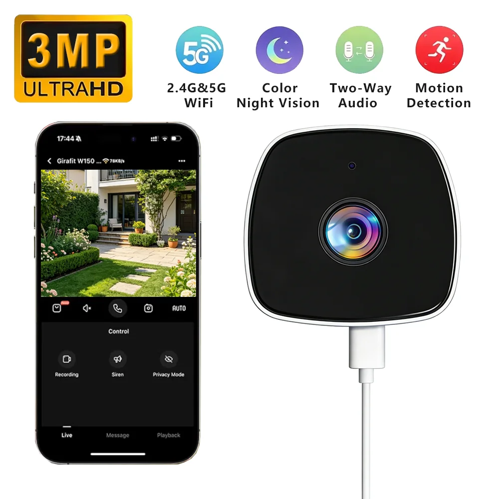 3MP HD Window Camera Mini Outdoor 2.4/5GHz Wi-Fi Cameras Full-Color Night Vision Two-Way Audio Motion Detection Security Camera 1