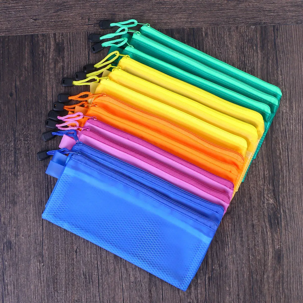 16Pcs 휴대용 메쉬 지퍼 편지지 연필 케이스 젖빛 PVC 파일 가방 방수 사무실 학교 용품 23x12cm 무작위 색상
