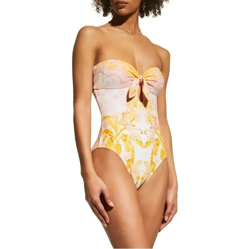 2023 New Strapless Backless Printed One-Piece Swimsuit Set for Women Vintage Bikini Bandeau Swimwear And Cover Up Beachwear