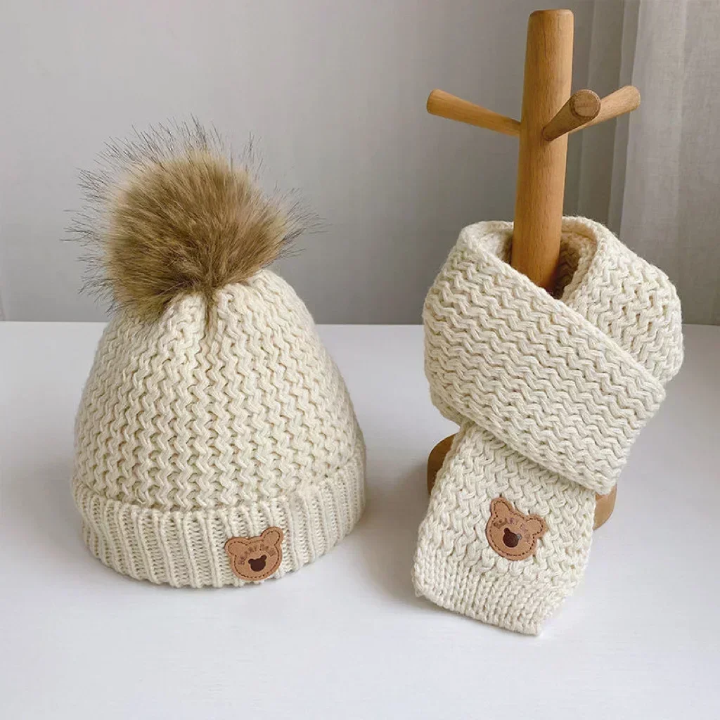 Kids Knitted Set Autumn And Winter Children's Hats Scarves Two-piece Set Plush Insulation Knitted Hat Set Little Bear Wool Hat kids knitted set