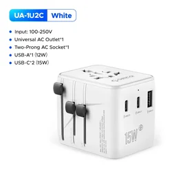 Universal Travel Adapter with 20W GaN Fast Charging and Dual USB Ports - Universal Plug (4 - UA - 1U2C - WH)
