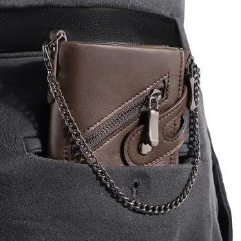 Portafoglio Classico Retrò da Uomo con Catena, Antifurto RFID, in Pelle, con Doppia Cerniera per Monete e Porta Carte di Credito