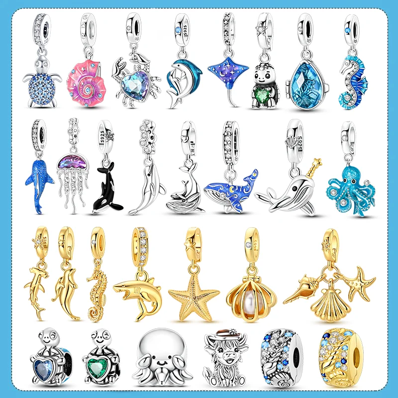 925 Sterling Silber Sommer Charms Perlen Krabbe Schildkröte Oktopus Muschel Anhänger Passend für Original Armband für Frauen DIY Schmuck Geschenk