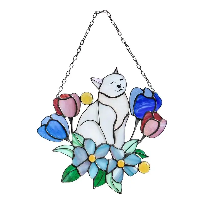 Cat Suncatchers For Windows Hang Acrylic Cat On Flowers Garden Suncatchers Decor For Women Men Hang Ornaments