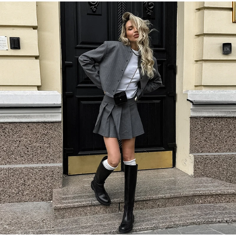 Striped Short Jackets Skirts Set Women Casual Long Sleeve Suit Coat Mini Skirt Sets Female Elegant Chic Gray Outfits Streetwear
