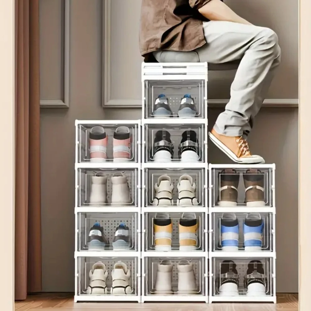 6 Door White Plastic Folding Shoe Box Stackable Free Standing Shoe Rack Resistant to Heavy Pressure Breathable Visible Box.