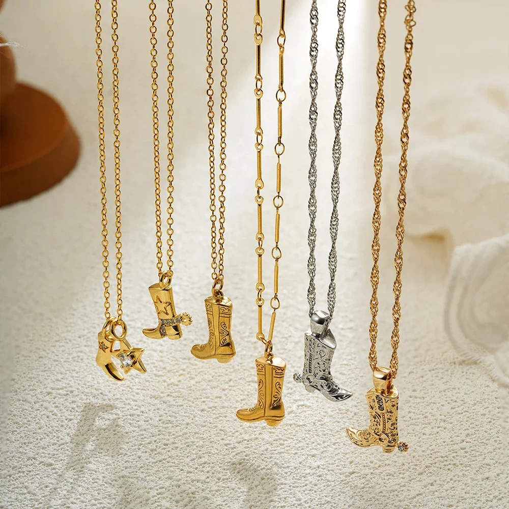 316 Stainless Steel Waterproof Denim Boots Pendant Necklace Cool Cowgirl Cowboy Boot Hat 18K Gold Plated Collar Necklaces Gifts