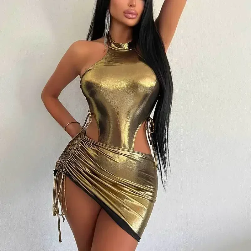 Sexy Gold One Piece Swimsuit Women Hollow Out PU Backless Pleate Skirt Swimwear 2025 Beach Bathing Suit Pool Swimming Monokini