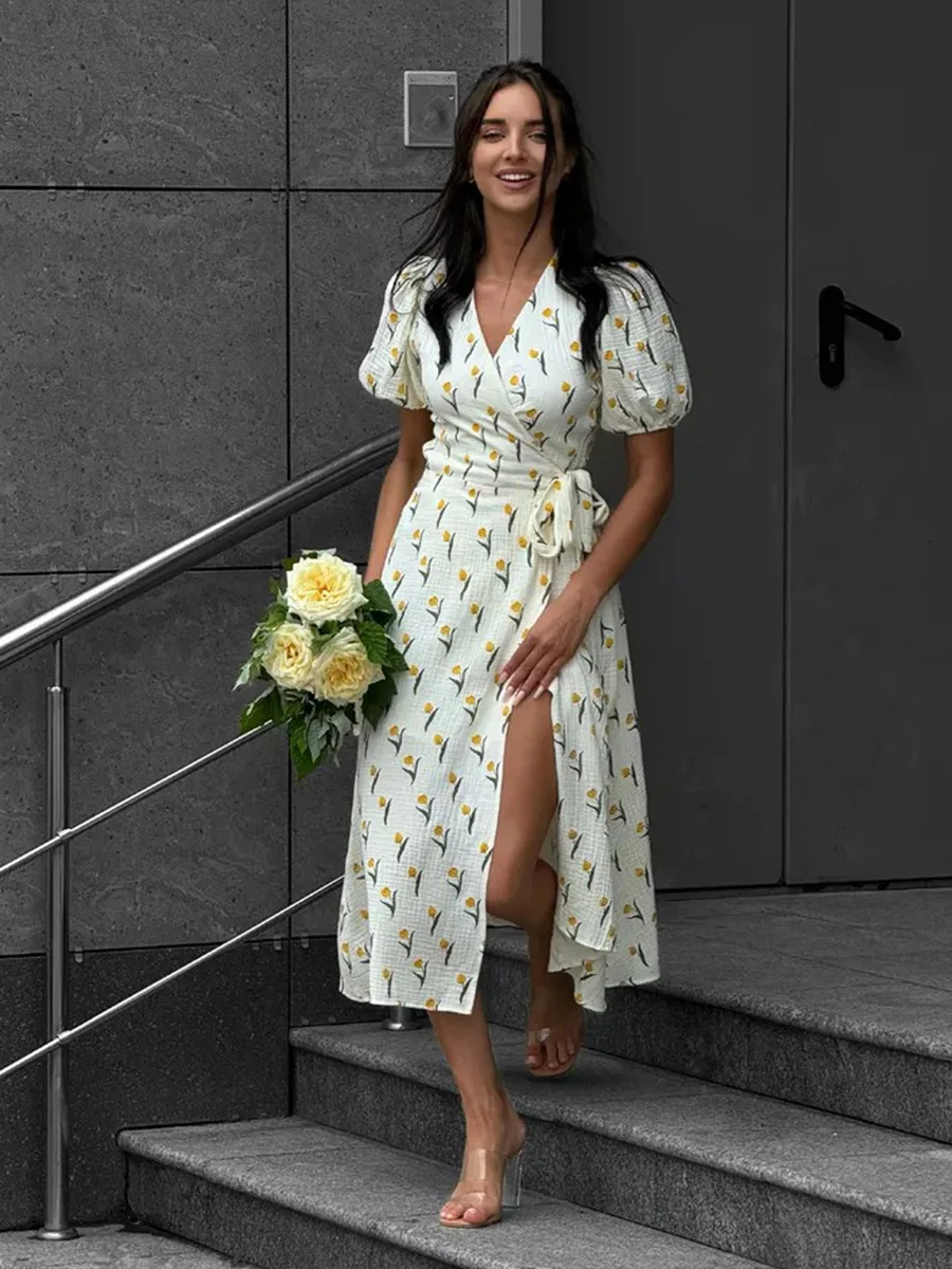 Women's Loose Fit Cotton Blend Maxi Dress with V-Neck & Short Sleeves S5852327355a14acdac1556dfd199dbf58