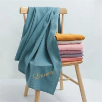 Personalized Name Embroidered Custom Baby Cotton Muslin Baby Swaddle Newborn Receiving Blanket Solid Swaddle Wrap Soft Blanket 1