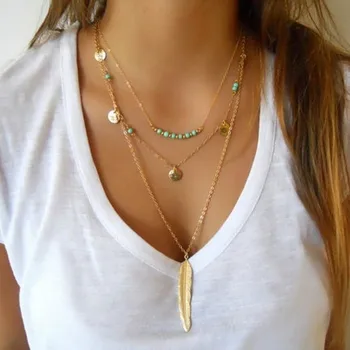 Vintage Fashion Feather Bead Sequin Pendant Necklace For Women Jewelry 2025 Trending New Women's Multilayer Long Necklaces Colar