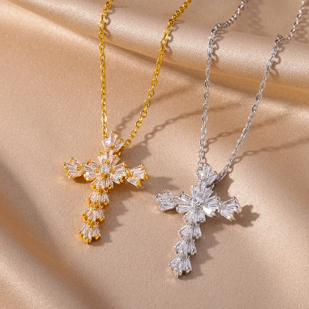 Fashion Zircon Crystal Cross Pendant Necklace for Women