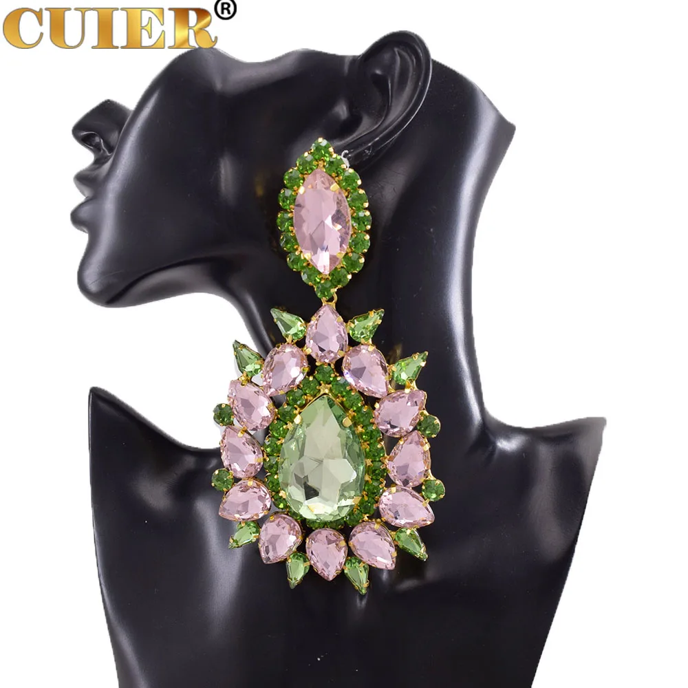 CuiEr 14.5CM Elegant Purple Crystal Clip on Women Earring Pink Water Drop Huge Fashion Jewelry for Beauty pageant Drag queen